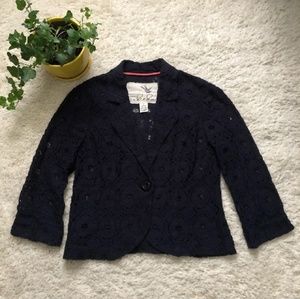 Anthropologie Tabitha Navy Crochet Blazer